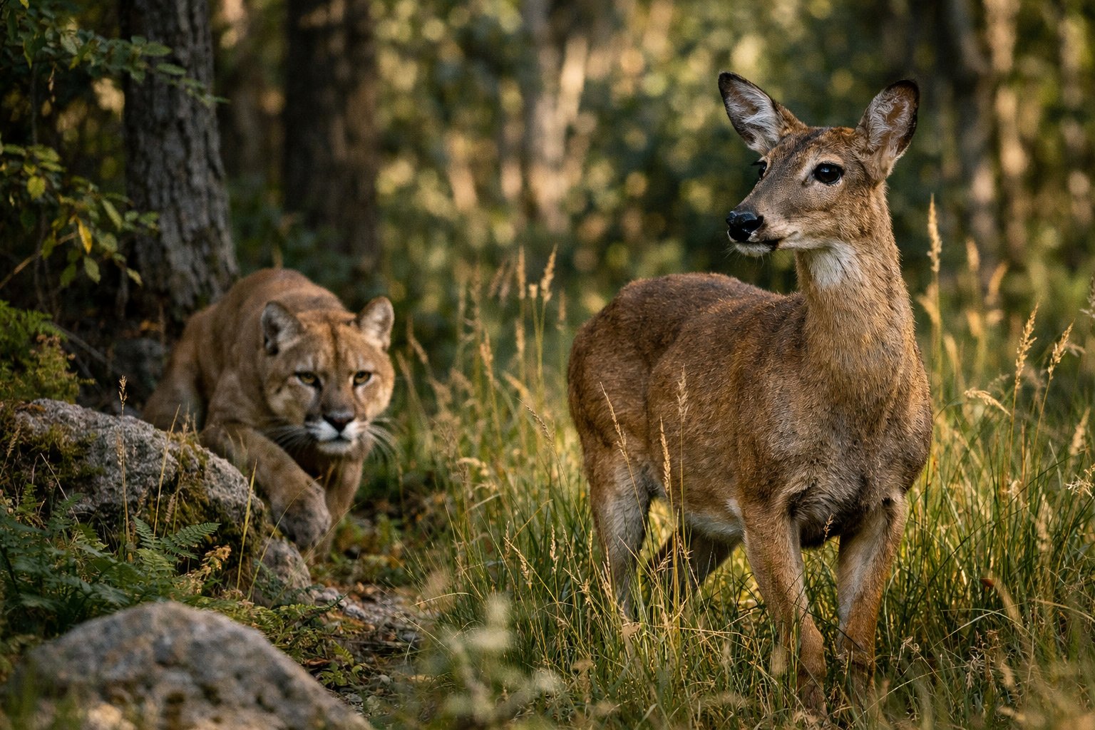 A wolf stalking a deer in a forest with sunlight filtering through the trees.