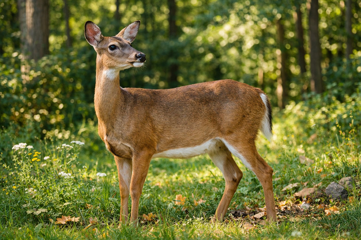 A deer standing alert in a green forest clearing with sunlight filtering through the trees.