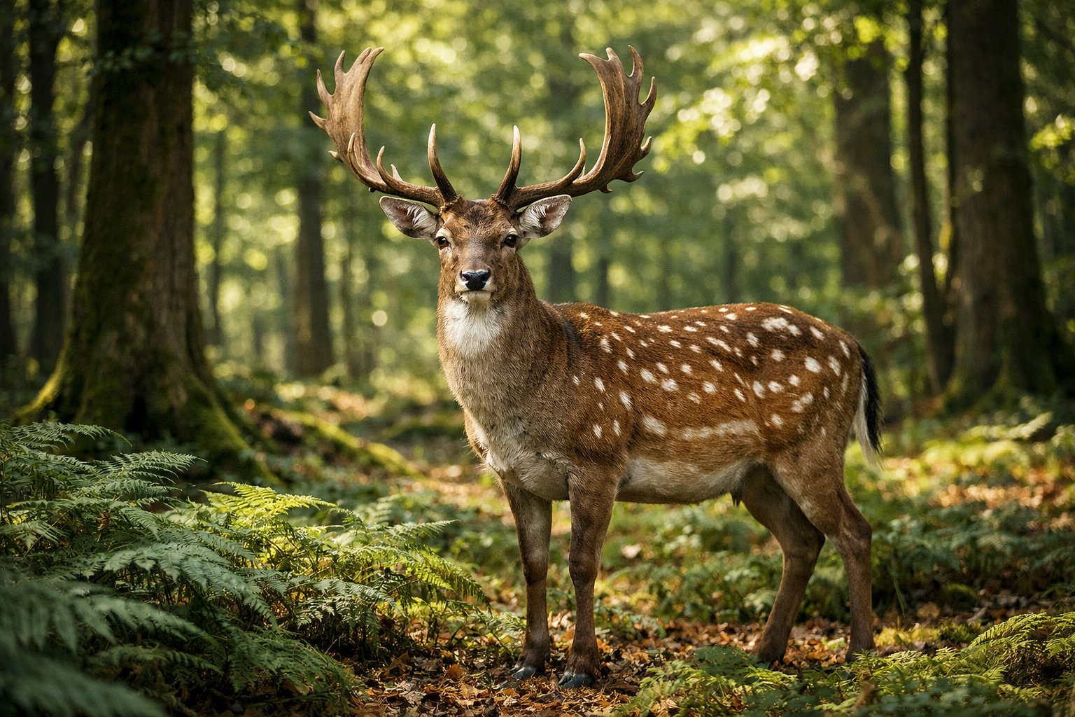 A deer standing in a green forest with sunlight filtering through the trees.