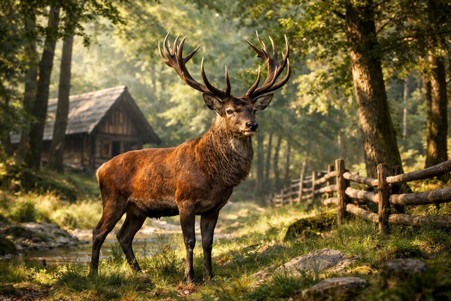 A red deer stag with large antlers standing in a green forest near a rustic wooden structure.