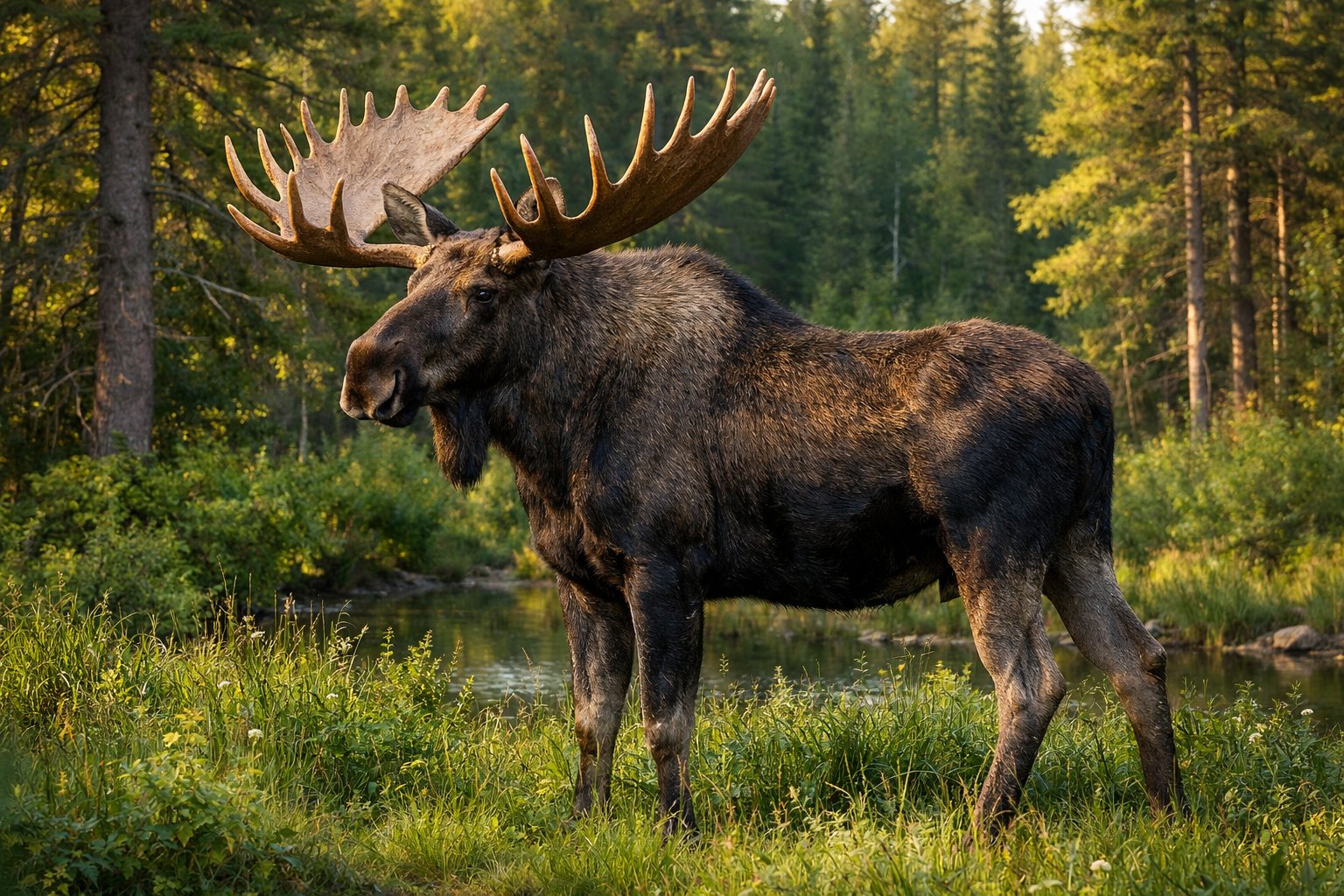 An adult moose standing in a forest clearing surrounded by trees and greenery.