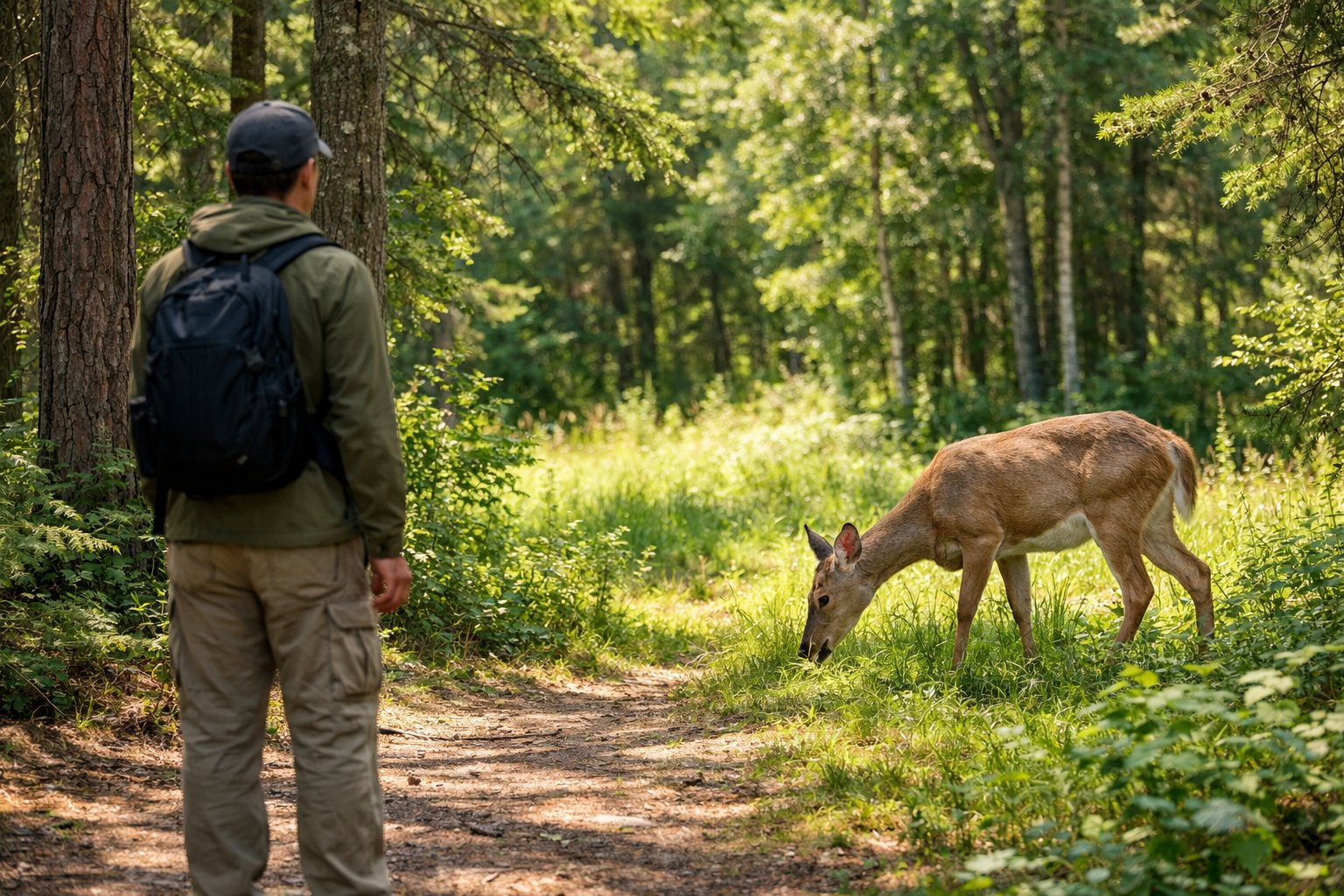 A person quietly watching a deer grazing in a forest from a safe distance.