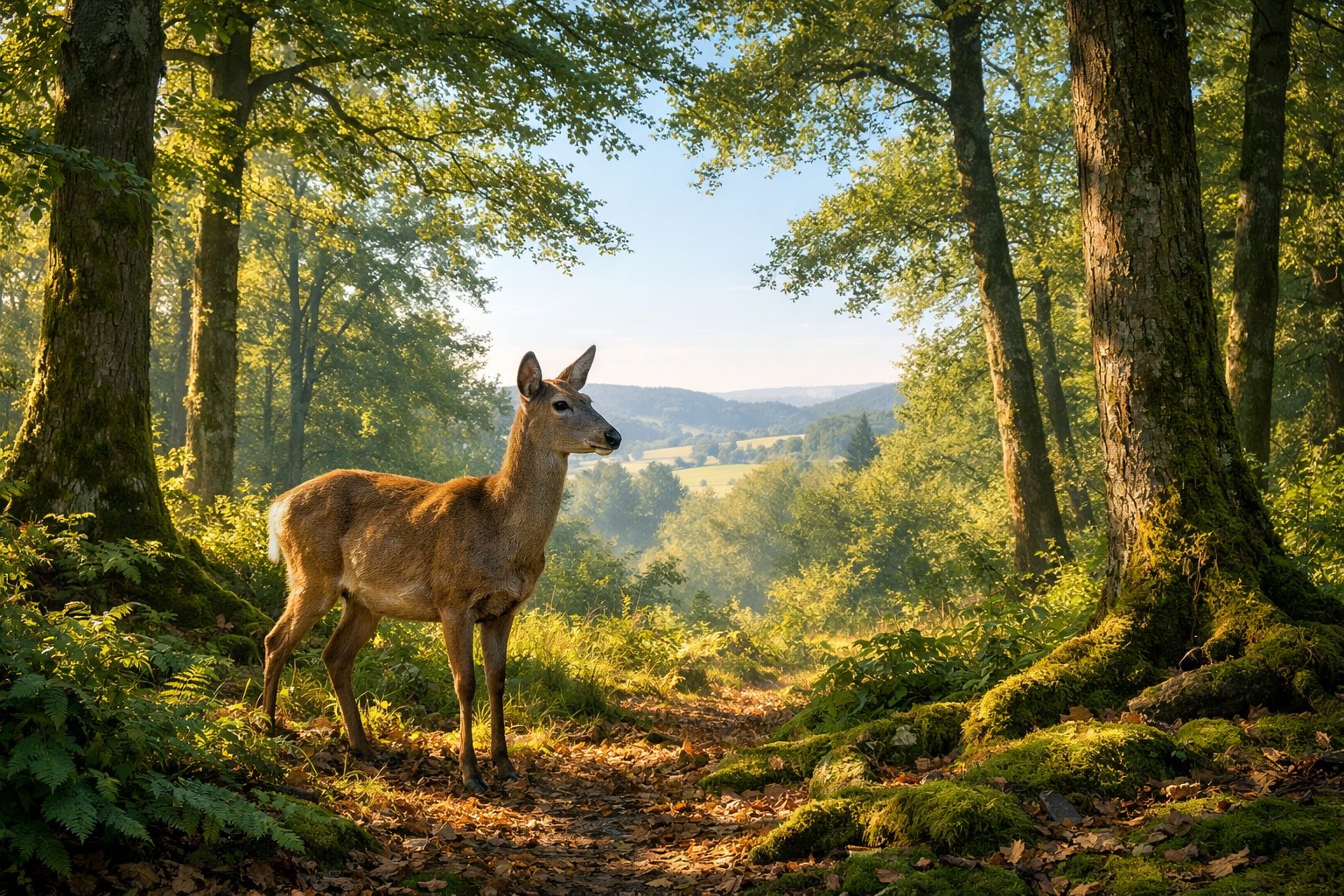 An adult deer standing in a green forest with trees and sunlight filtering through, with hills visible in the background.