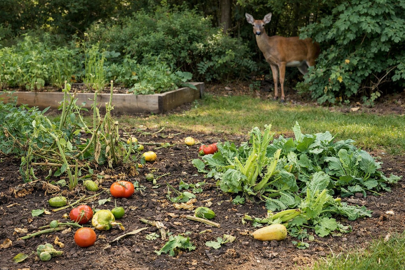 A suburban garden with plants damaged by deer and a deer standing near the edge of the garden.