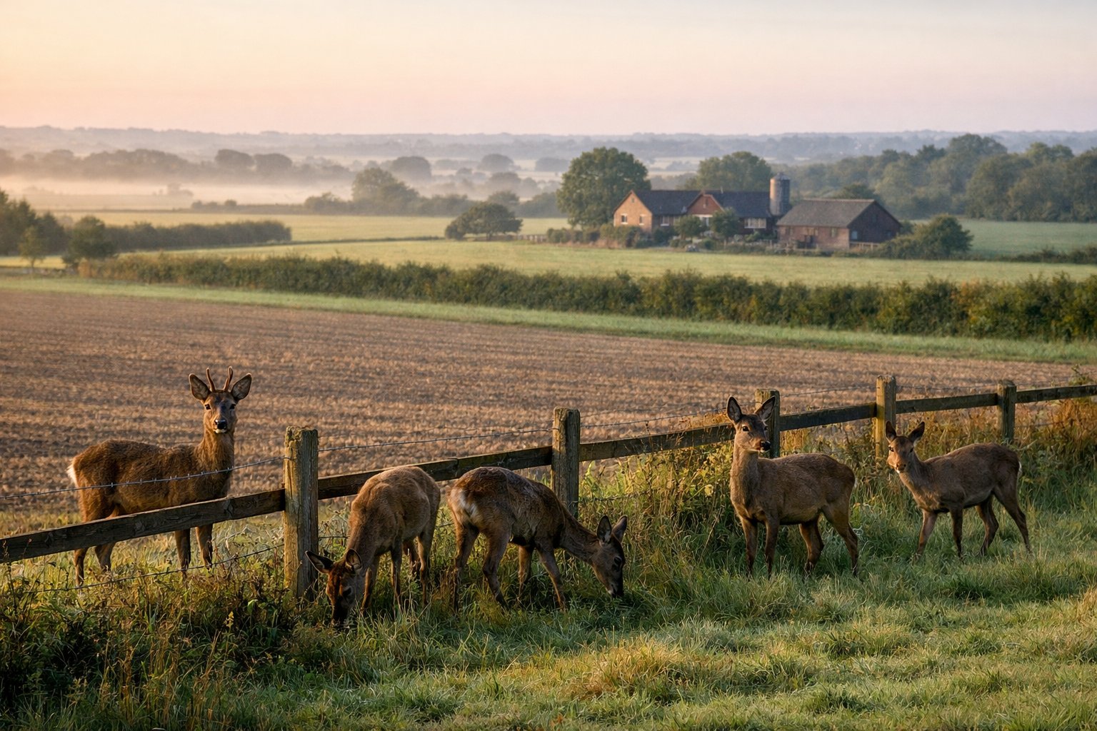 A group of wild deer grazing near a wooden fence by farmland in a rural UK landscape at dawn.