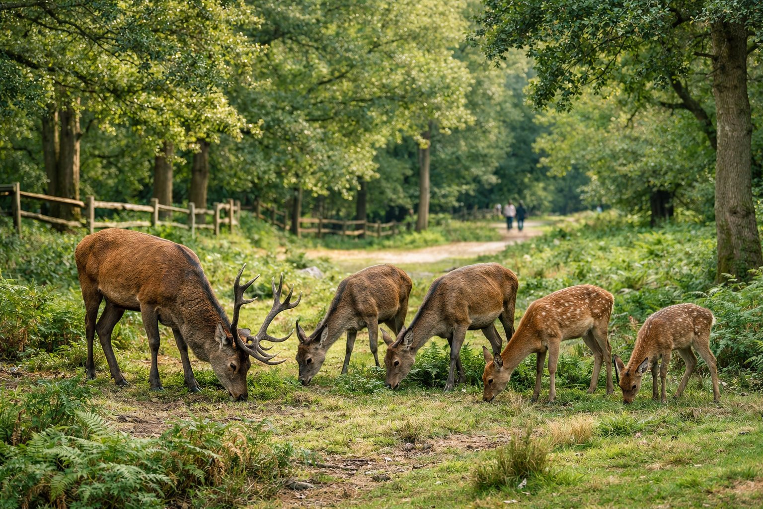 A group of deer grazing in a green woodland area with a walking path and a wooden fence in the background.