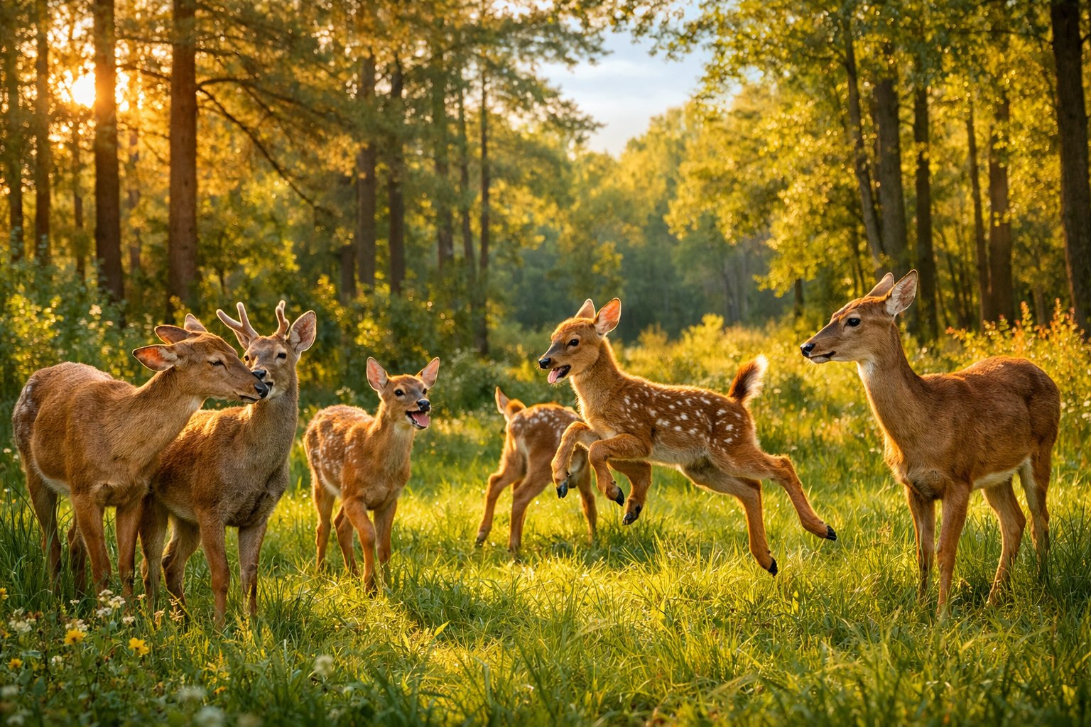 A group of happy deer nuzzling and playfully running in a sunlit forest clearing.