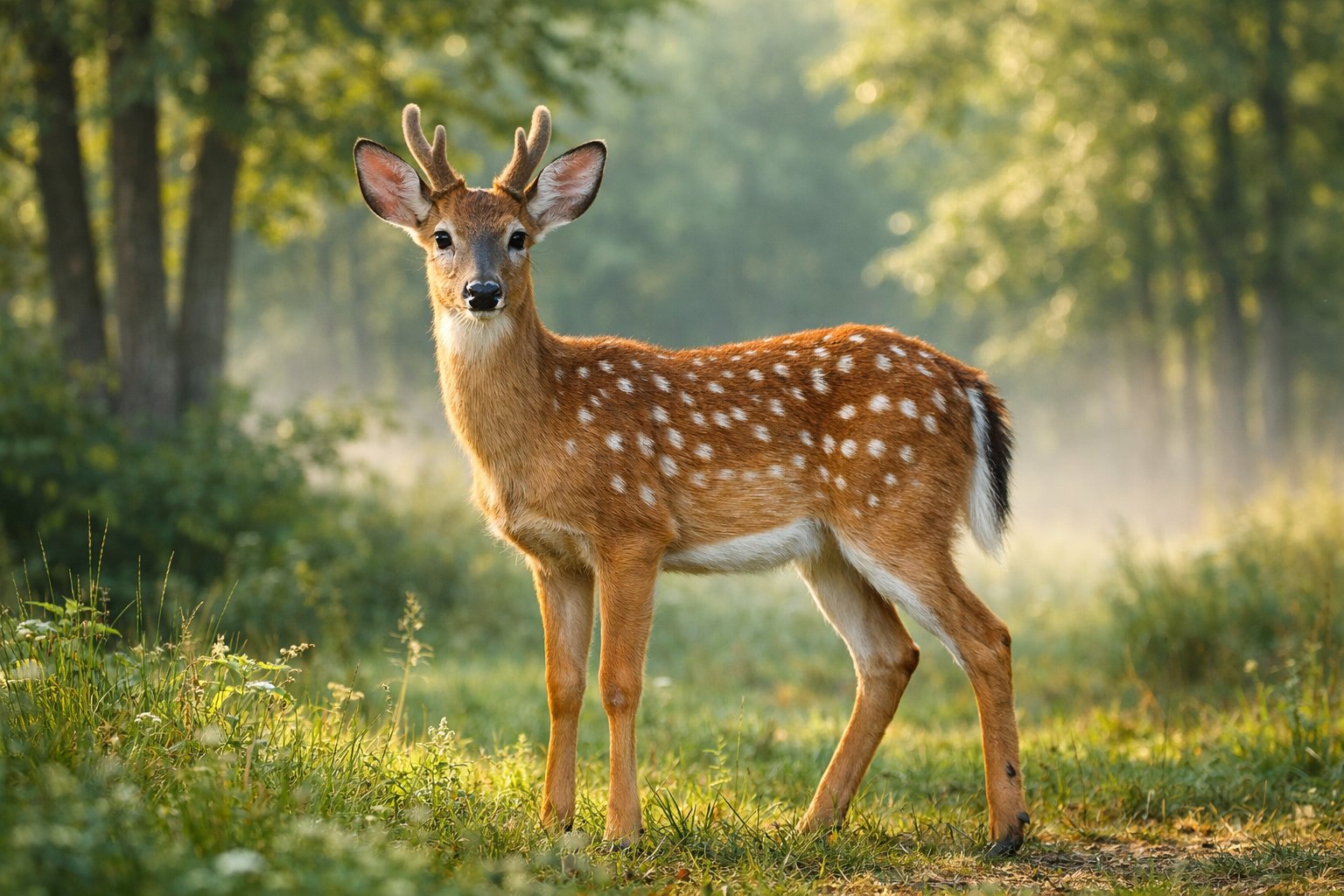 A young white-tailed deer standing in a forest clearing with trees and sunlight filtering through the leaves.