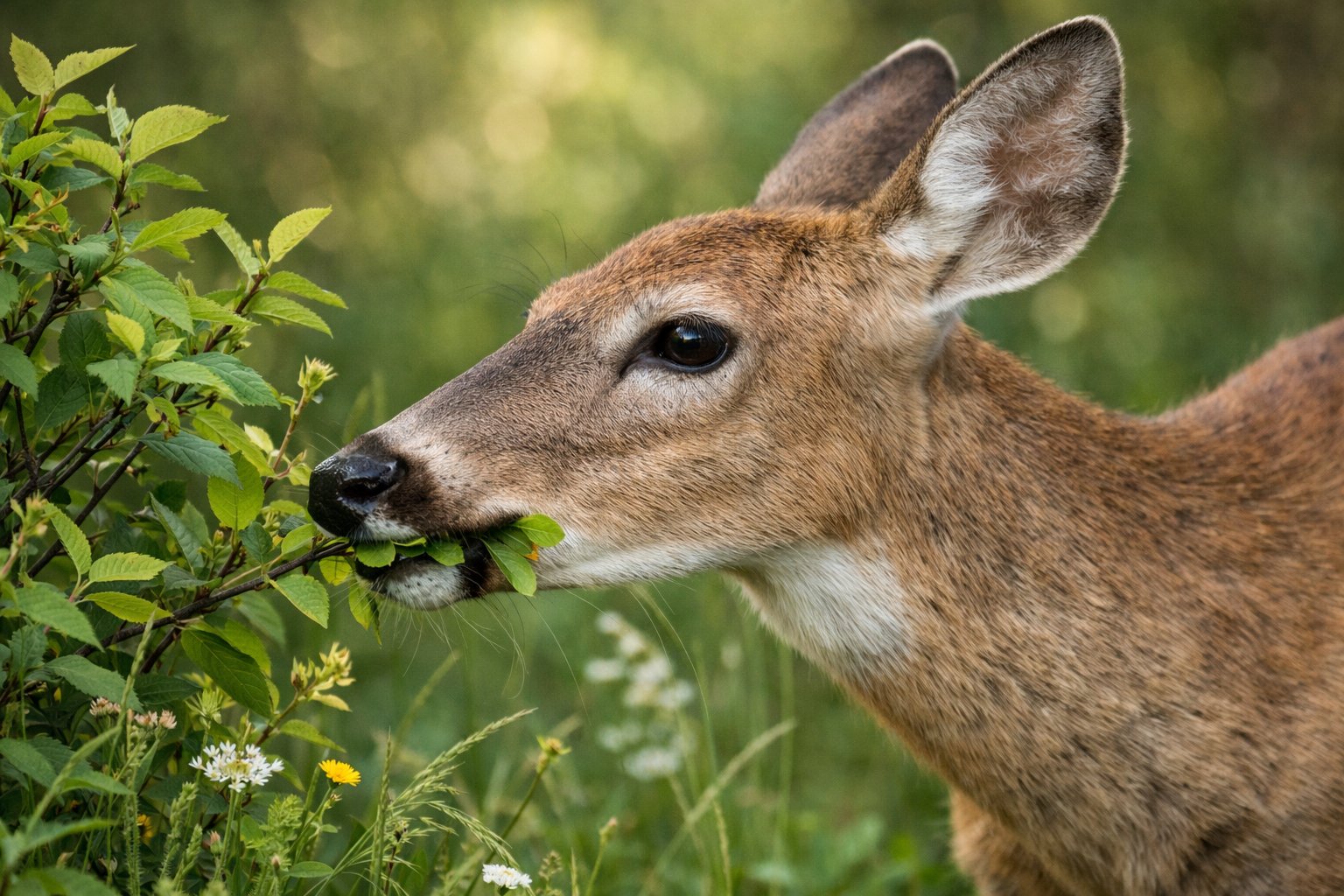 A deer eating green leaves from a bush in a forest.
