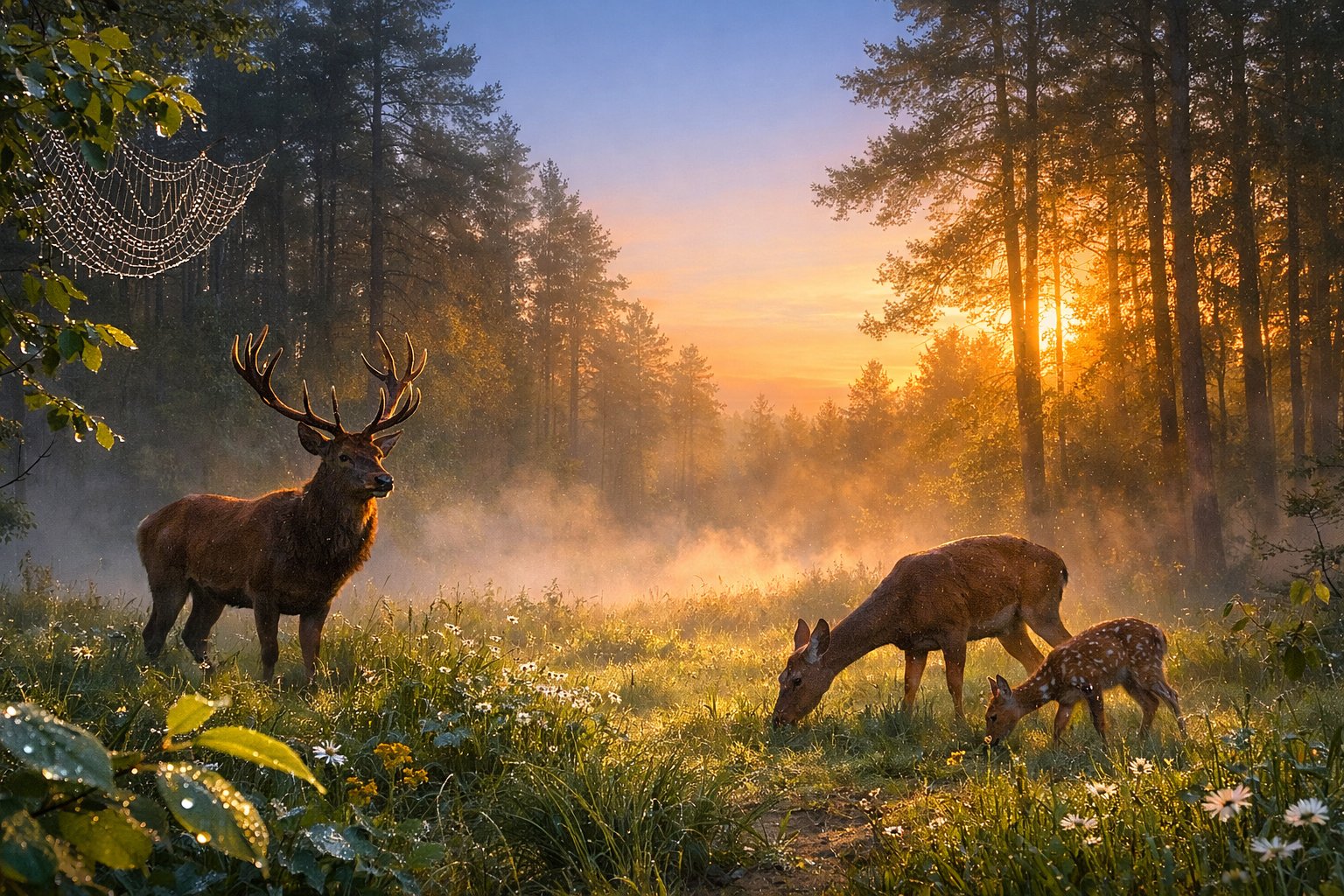 A group of deer grazing in a misty forest at dawn with sunlight filtering through the trees.