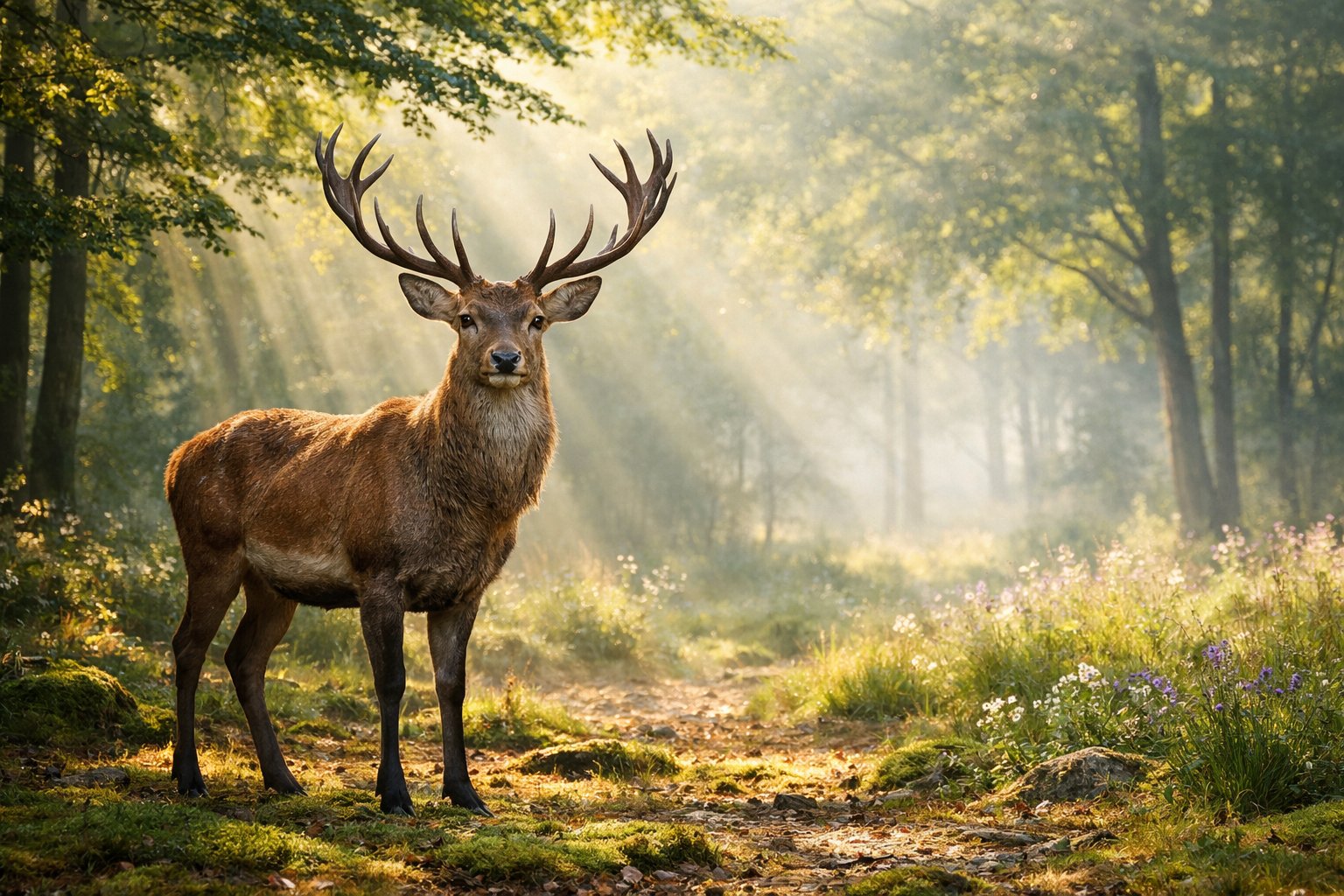 A majestic deer standing calmly in a sunlit forest clearing surrounded by green trees and soft morning light.