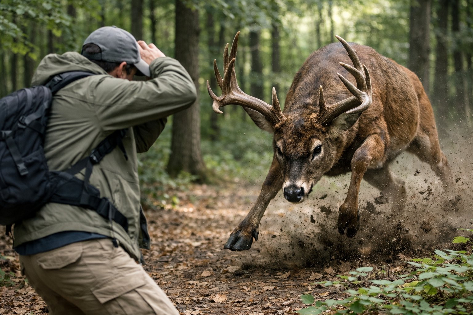 A person in a forest defending themselves as a deer charges aggressively.