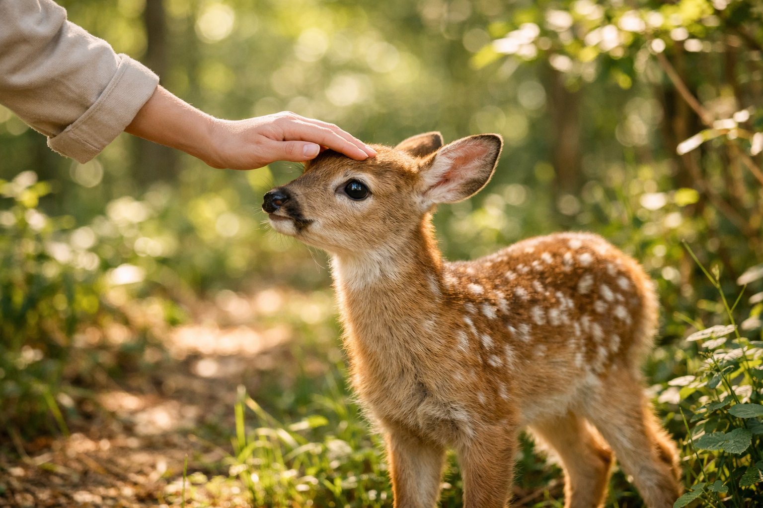 A person gently reaching out to touch a baby deer standing in a sunlit forest clearing.