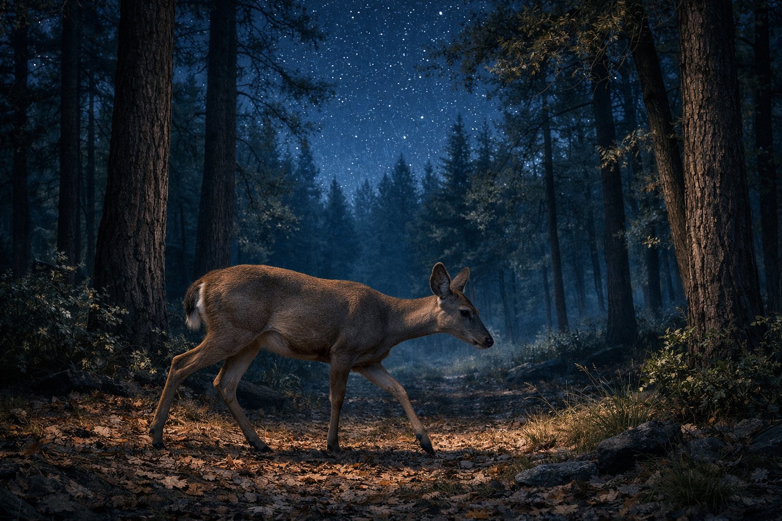 A deer walking quietly through a forest at night under a starry sky with moonlight shining on the trees and ground.