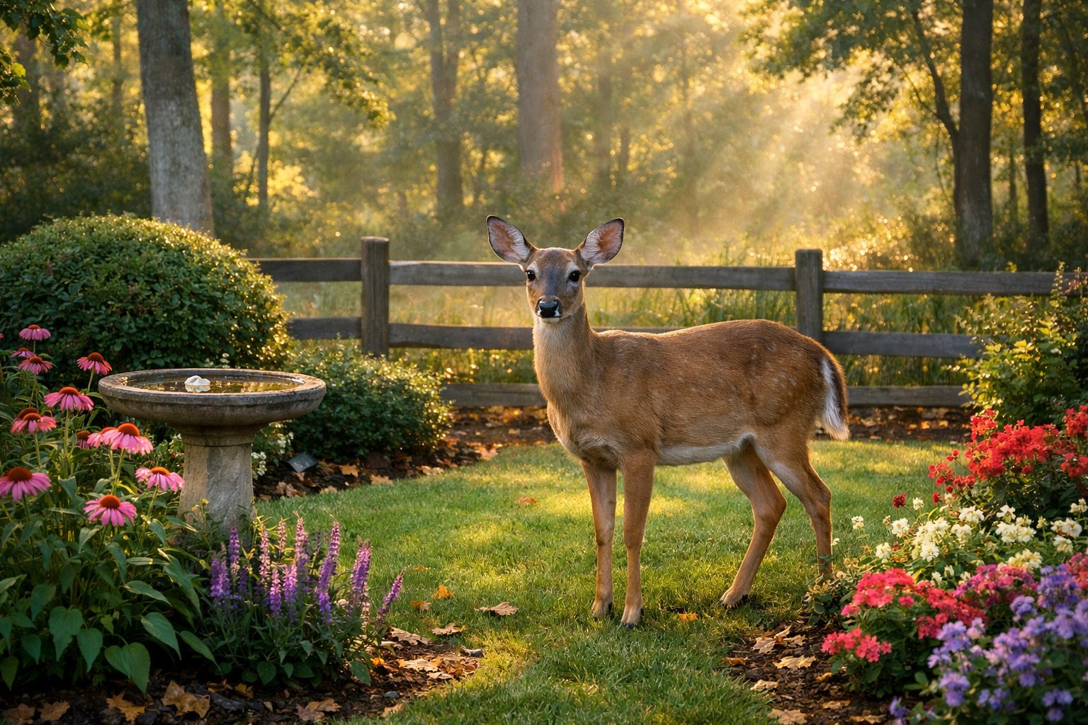 A calm deer standing in a green garden surrounded by plants and trees near a wooden fence.