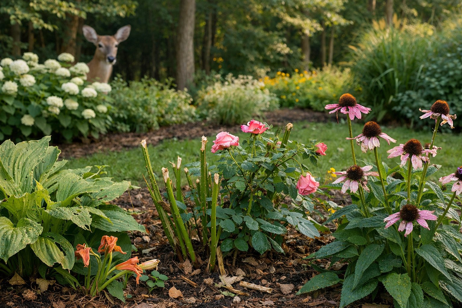 A garden with plants showing bite marks and a deer partially hidden behind trees at the garden's edge.