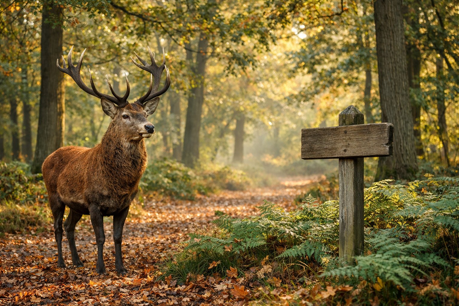 A male deer standing in a sunlit British woodland with trees and fallen leaves around.