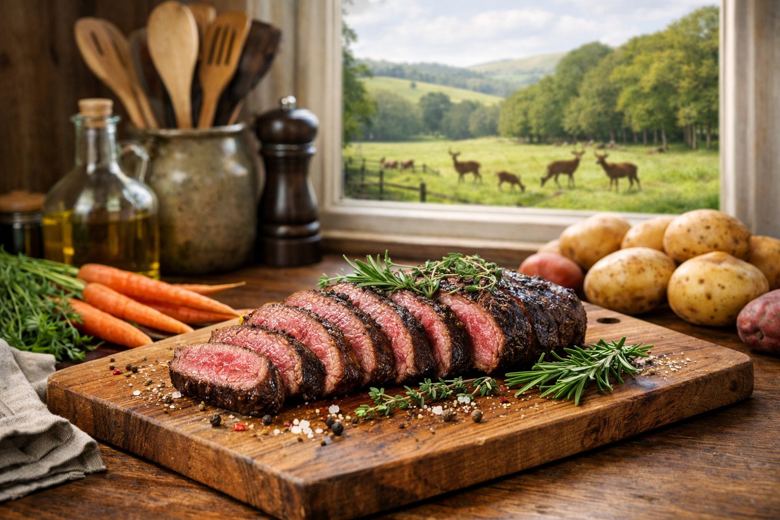 A kitchen scene with sliced cooked venison on a wooden board and deer grazing in a green countryside visible through a window.