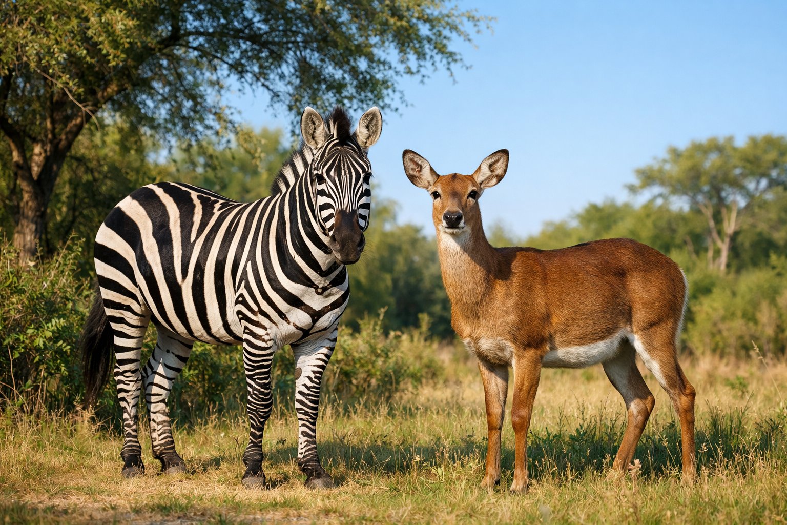 A zebra and a deer standing side by side on a grassy plain in a natural outdoor setting.