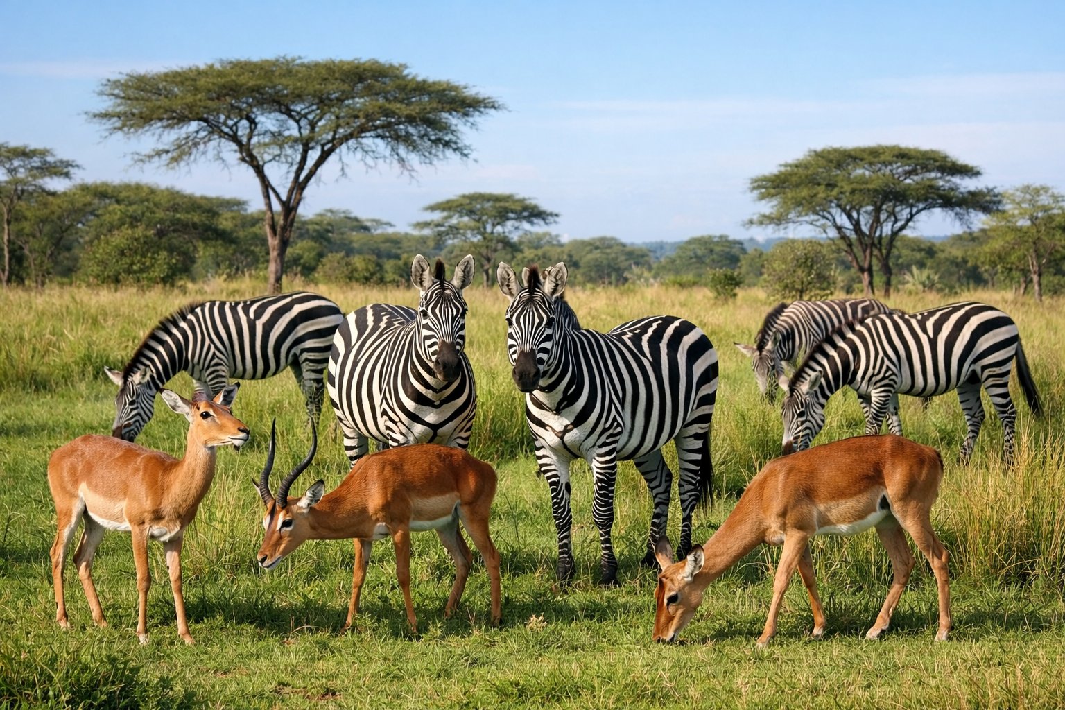 A group of zebras and deer together in a grassy savanna with trees under a clear sky.
