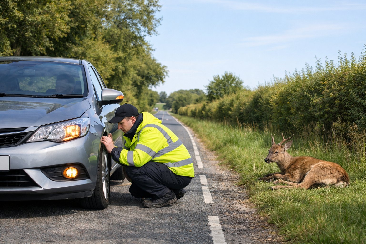 A person in high-visibility clothing inspecting a car stopped on the side of a rural UK road after hitting a deer lying on the grass verge nearby.