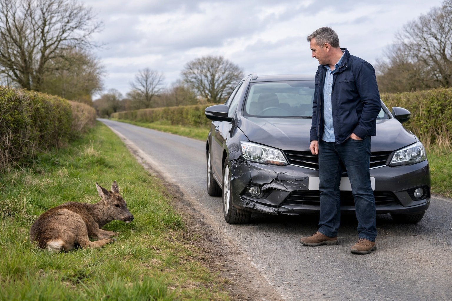 A car stopped on the side of a rural UK road with a driver looking at an injured deer lying on the grass verge.