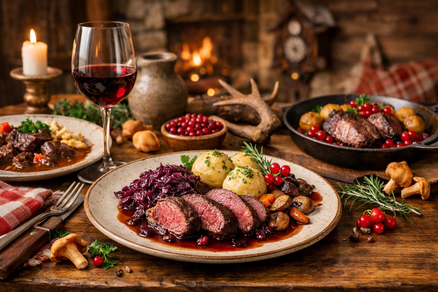 A table set with plates of cooked venison, vegetables, and a glass of red wine in a cozy rustic dining room.