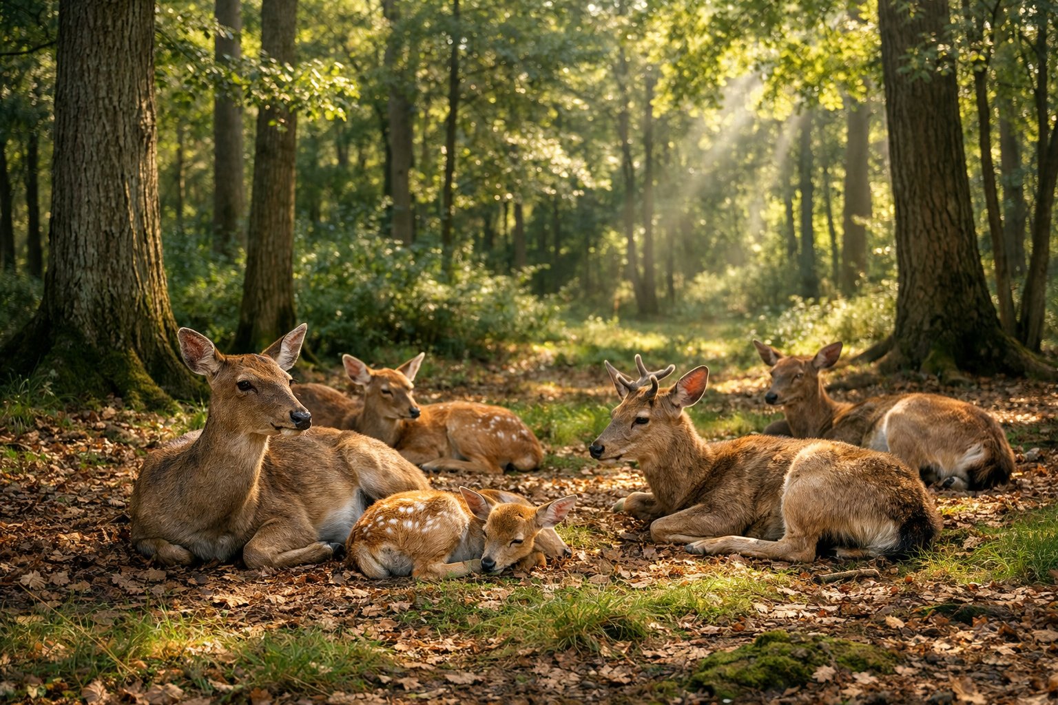 A group of deer resting quietly on the forest floor among trees and sunlight during the day.