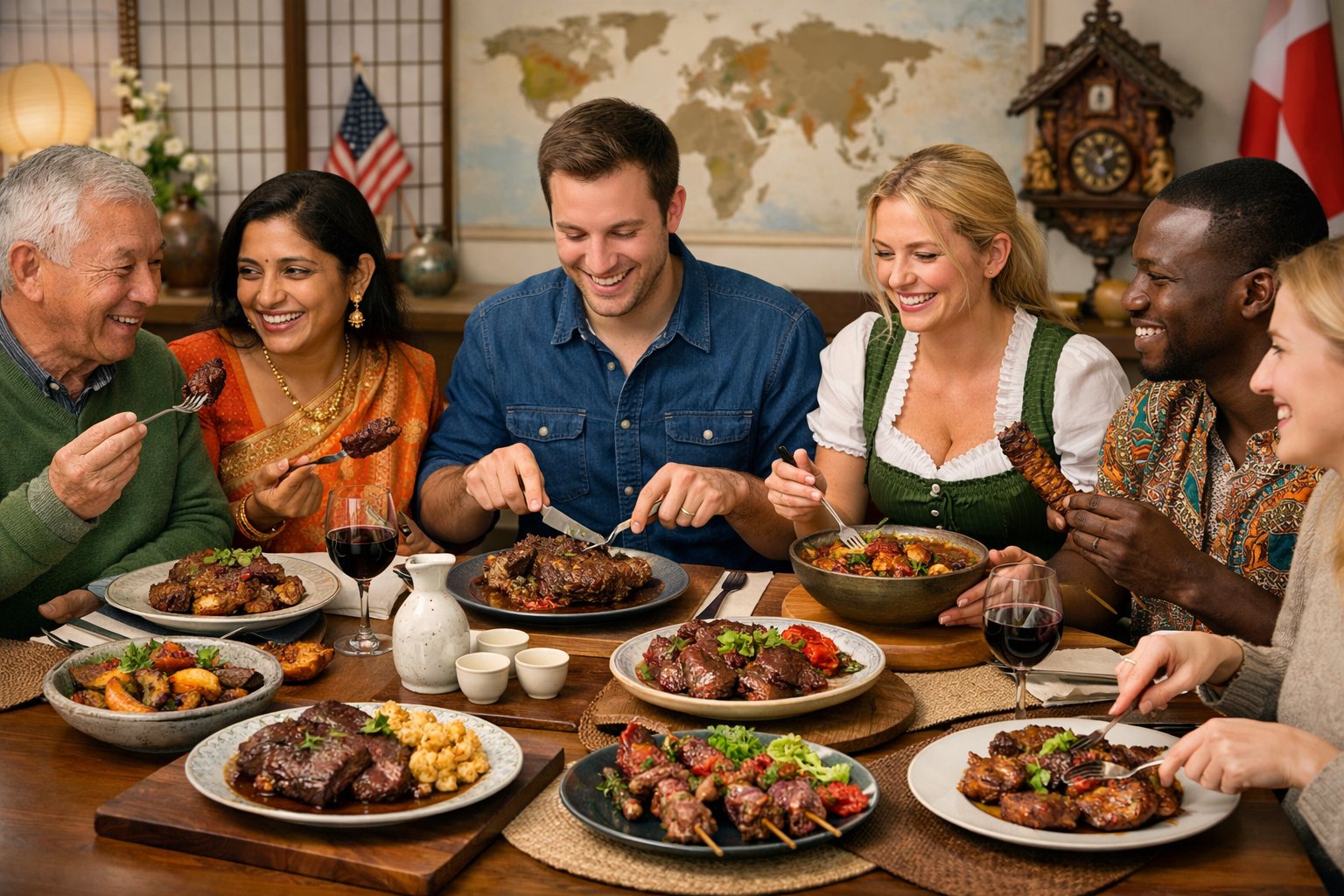People from different countries eating various dishes made with deer meat around a dining table with a map in the background.