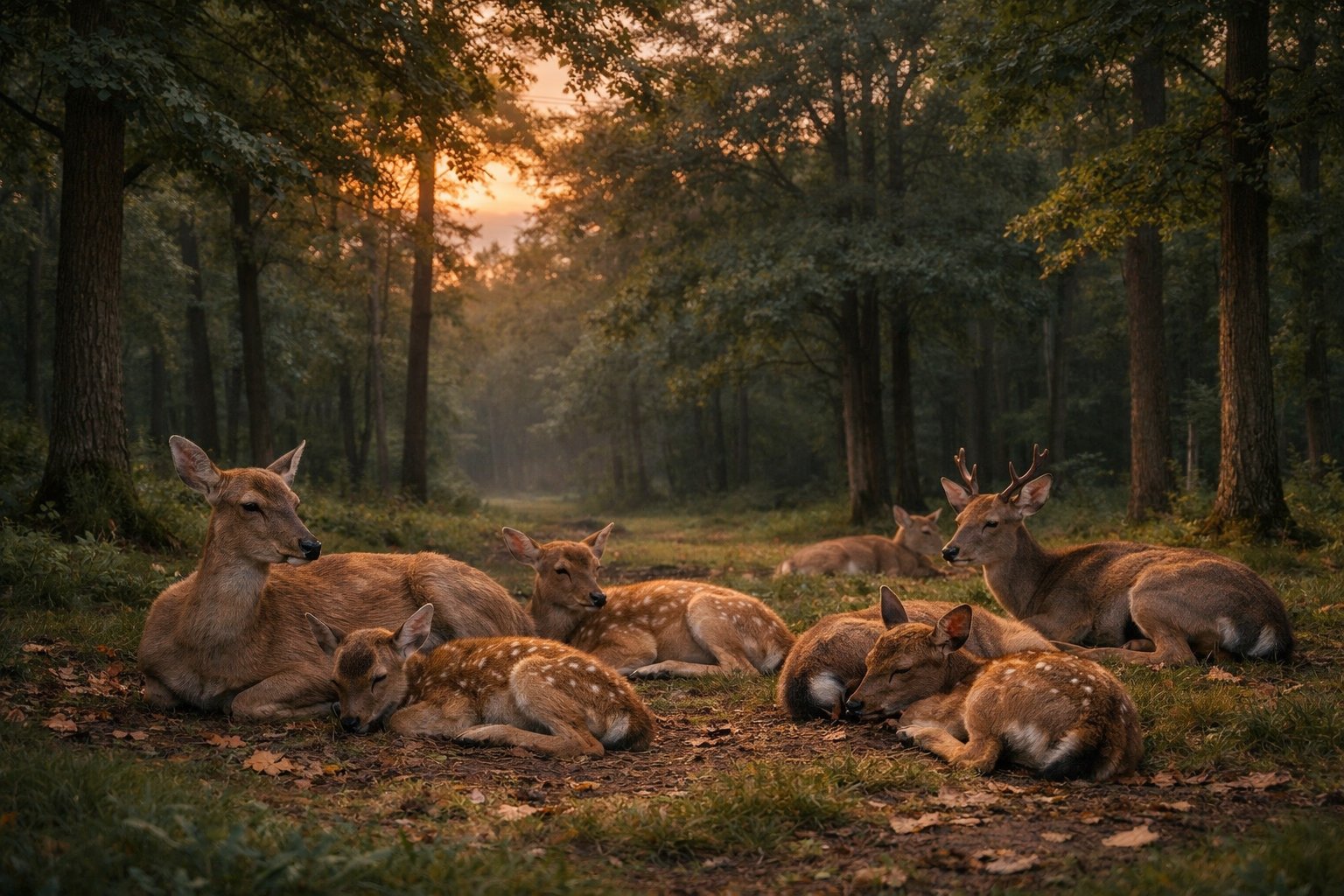 A group of deer resting quietly together on the forest floor in a peaceful clearing surrounded by trees at dusk.