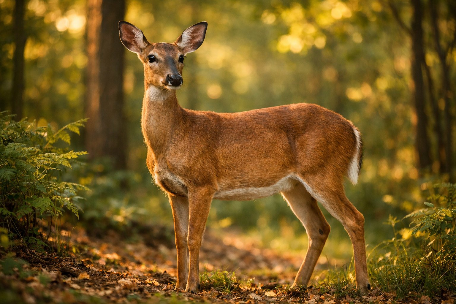 A female deer standing in a forest surrounded by green foliage and sunlight.