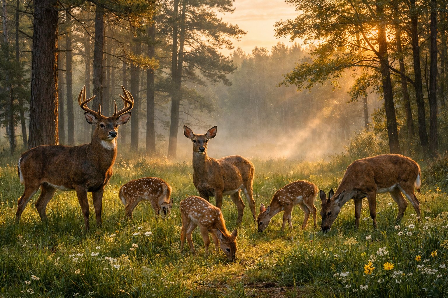 A group of deer grazing quietly in a forest at dawn with sunlight filtering through the trees.