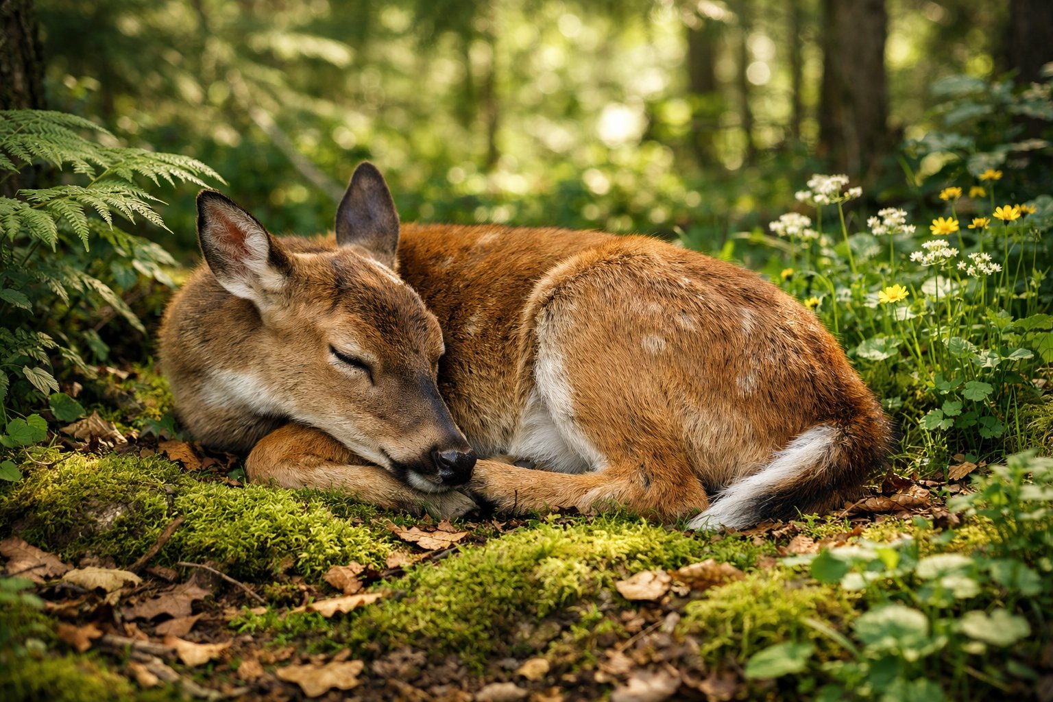 A deer sleeping curled up on moss and leaves in a forest with sunlight filtering through the trees.