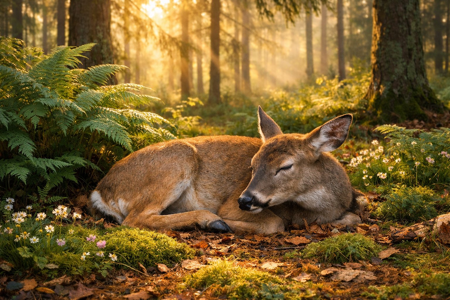 A deer lying down and resting on soft moss and fallen leaves in a forest at dawn.