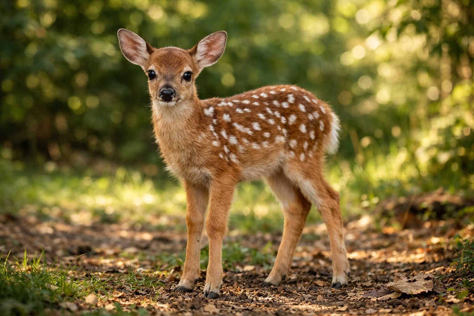 A small fawn standing in a sunlit forest clearing surrounded by green foliage.