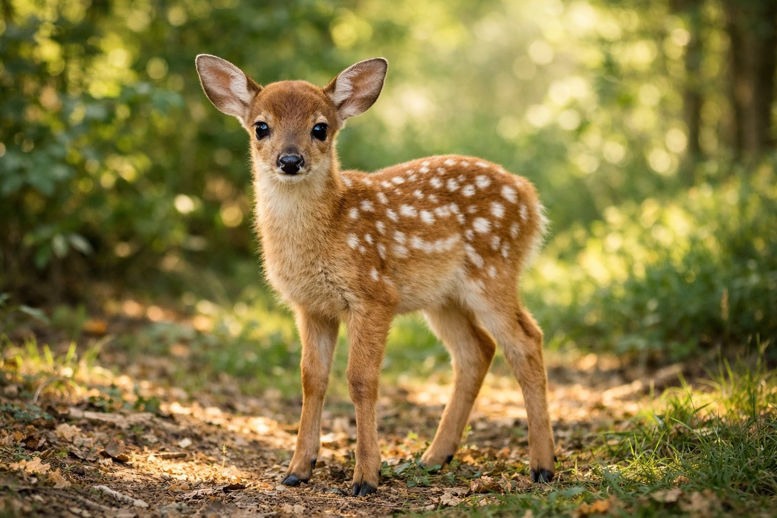 A small fawn standing in a sunlit forest clearing surrounded by green foliage.