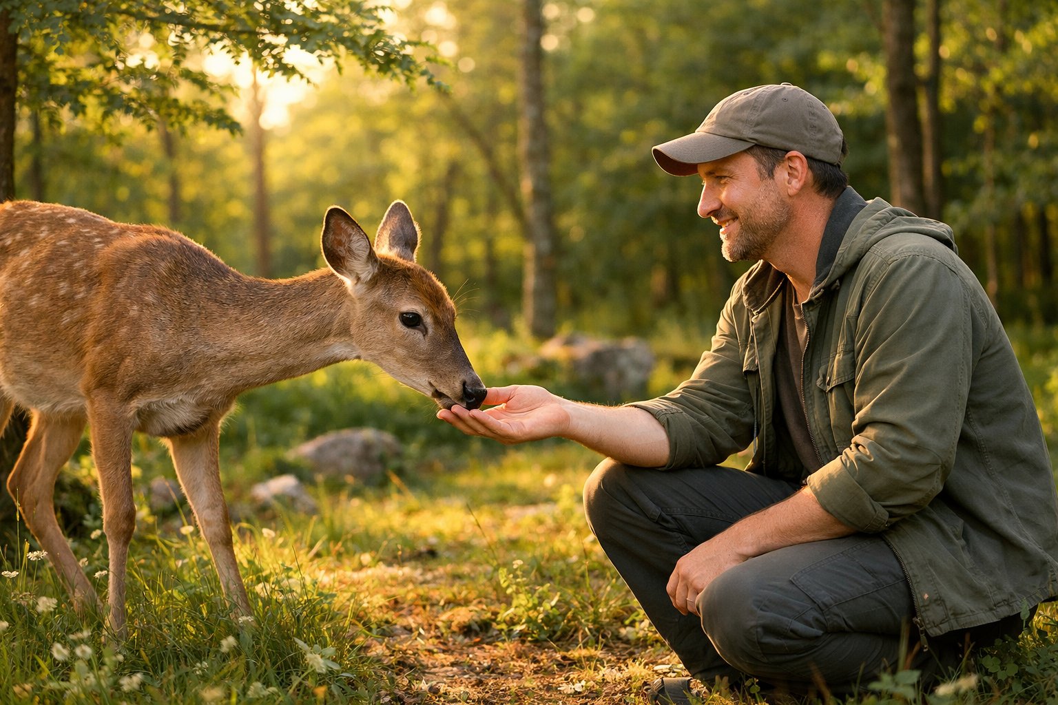A person gently reaching out to a calm deer in a sunlit forest clearing.