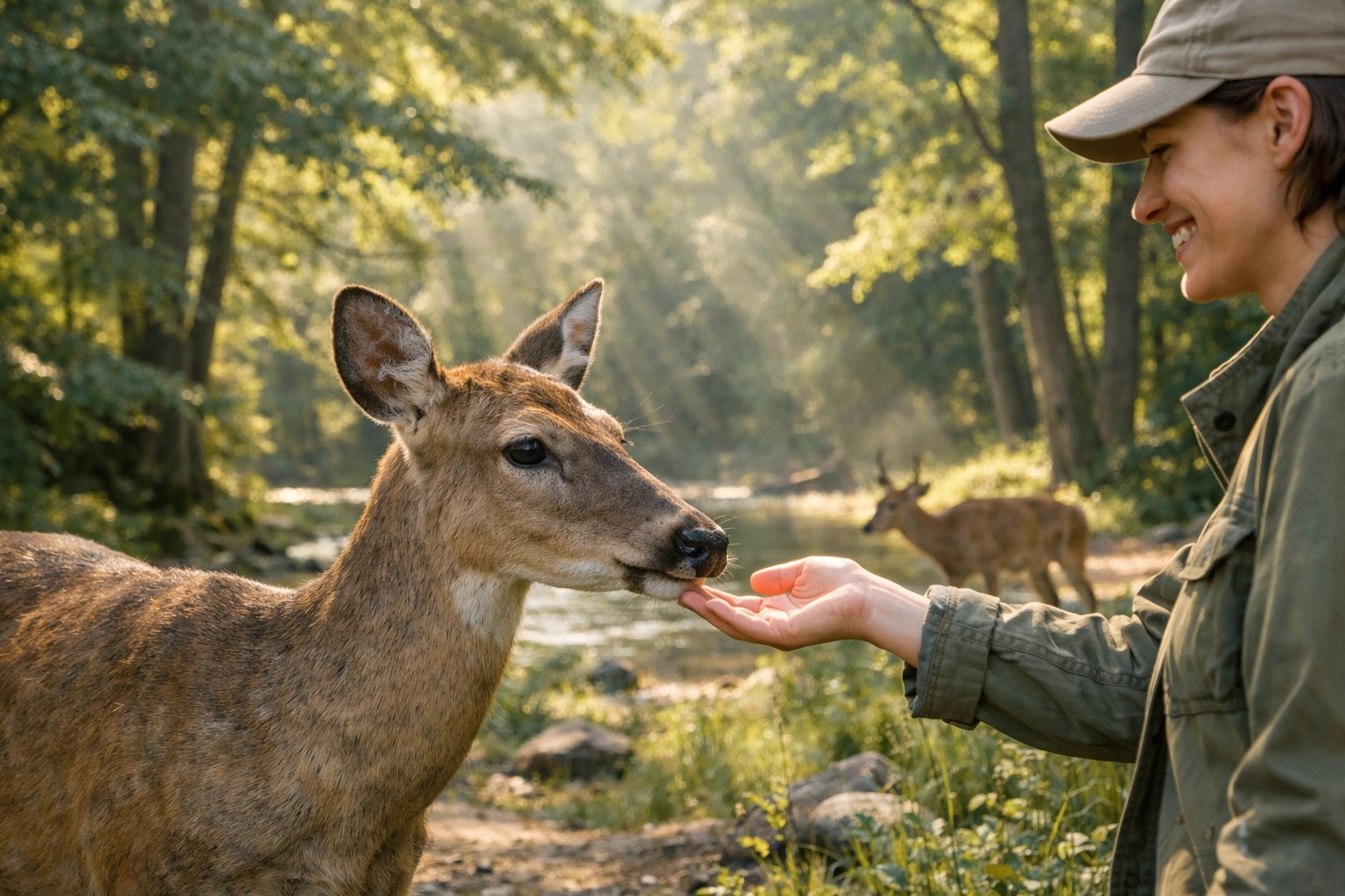 A person gently reaching out to a calm deer in a sunlit forest setting.