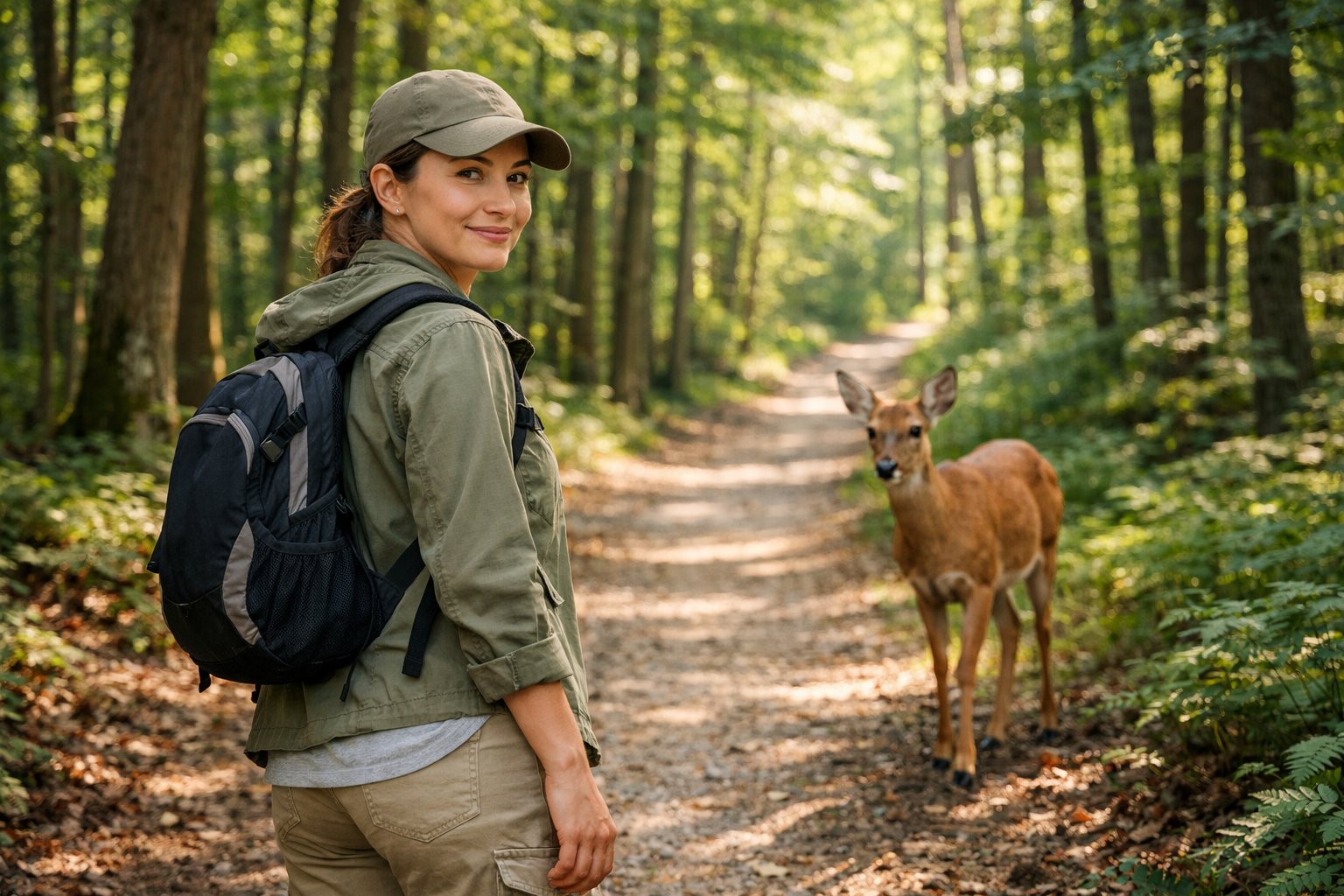 A person walking on a forest trail with a deer following behind them among tall trees and greenery.