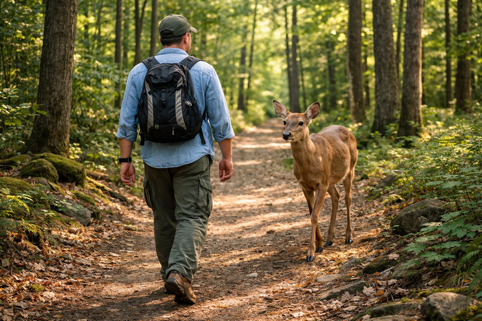 A person walking on a forest path with a deer following behind them among green trees.