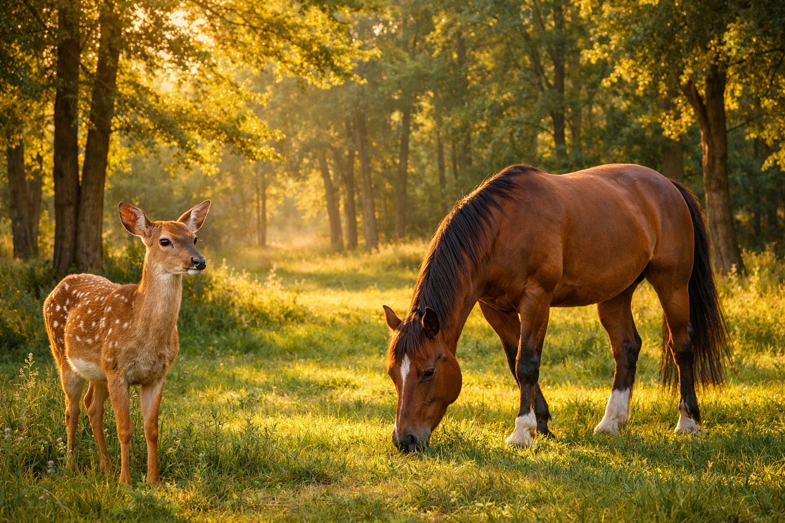 A deer and a horse standing calmly together in a sunlit forest clearing.