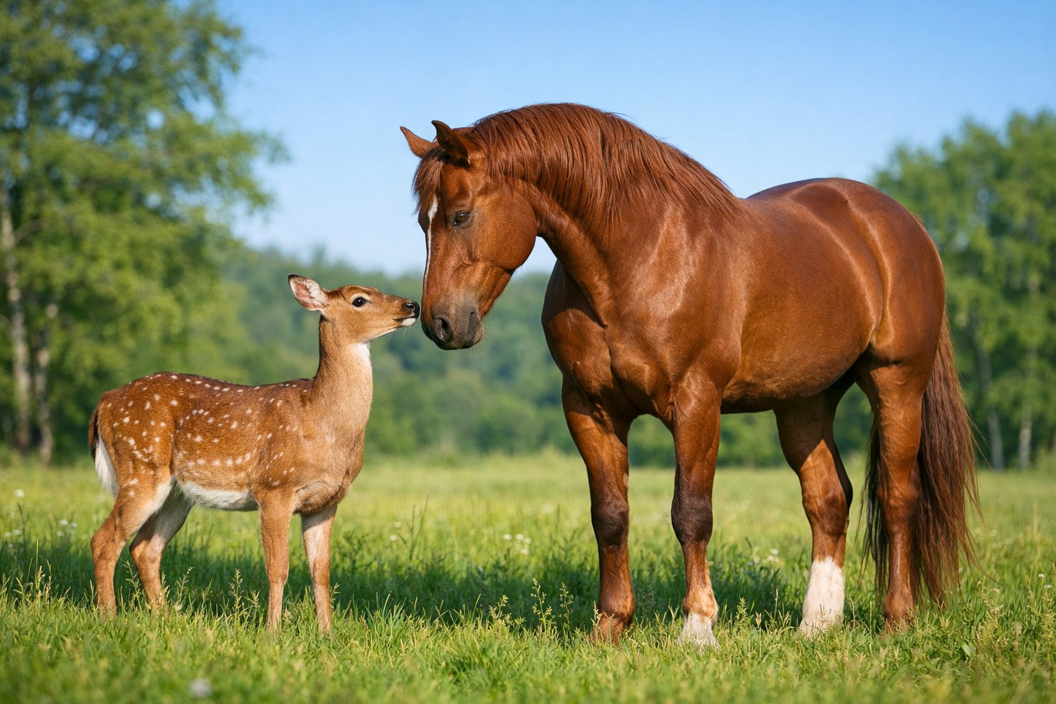 A deer and a horse standing close together in a green meadow with trees in the background.