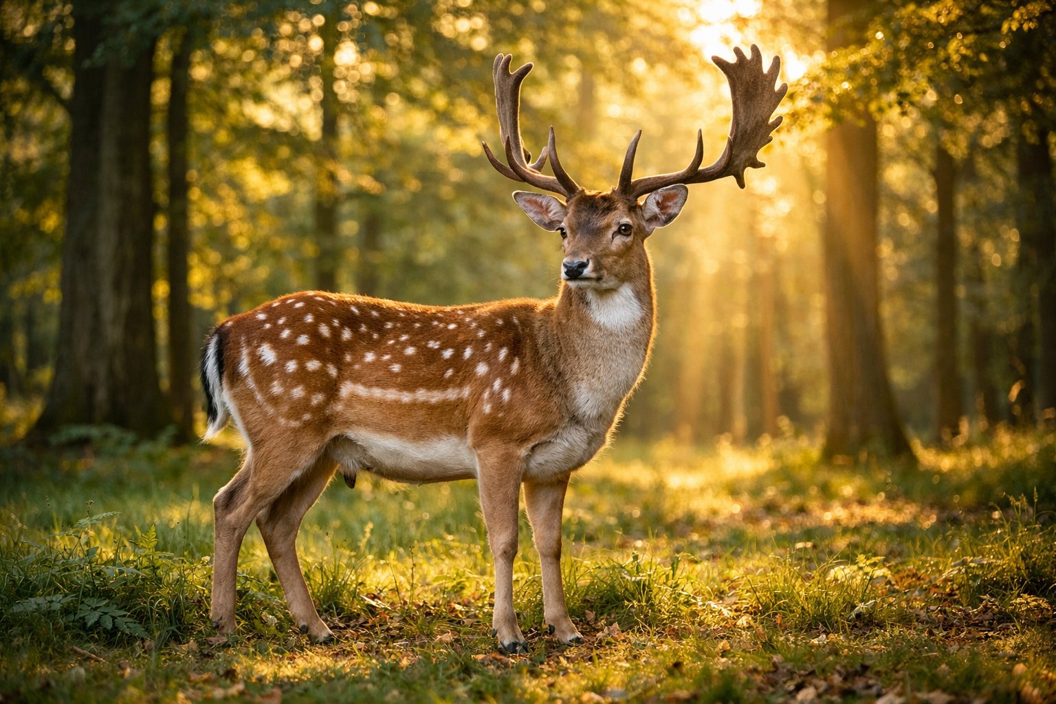 An adult deer standing in a sunlit forest clearing surrounded by trees and grass.