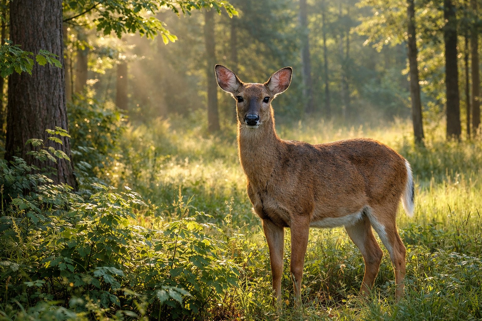 An adult deer standing alert in a green forest with sunlight filtering through the trees.