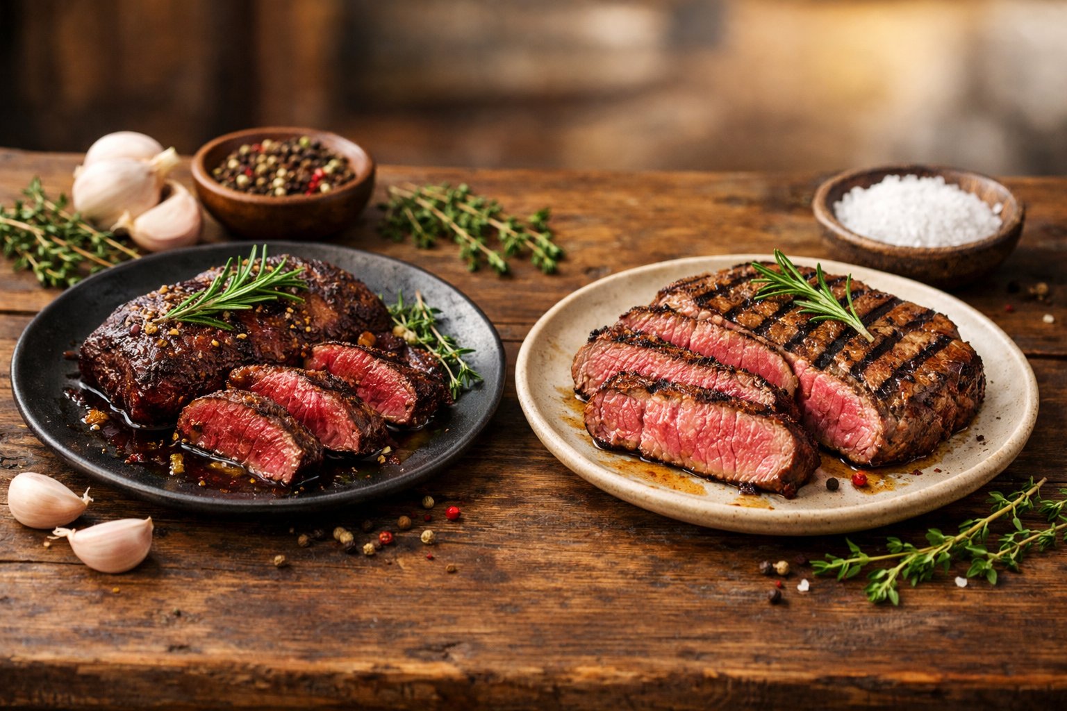 Two plates on a wooden table, one with grilled venison steak and the other with grilled beef steak, surrounded by fresh herbs and spices.