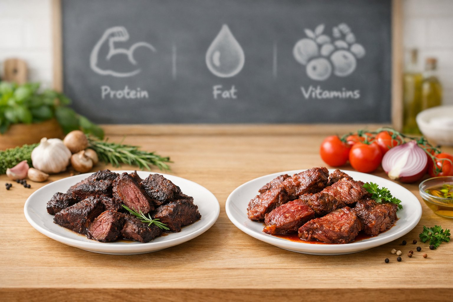 Two plates on a kitchen countertop showing cooked deer meat and beef with fresh herbs and vegetables around them.