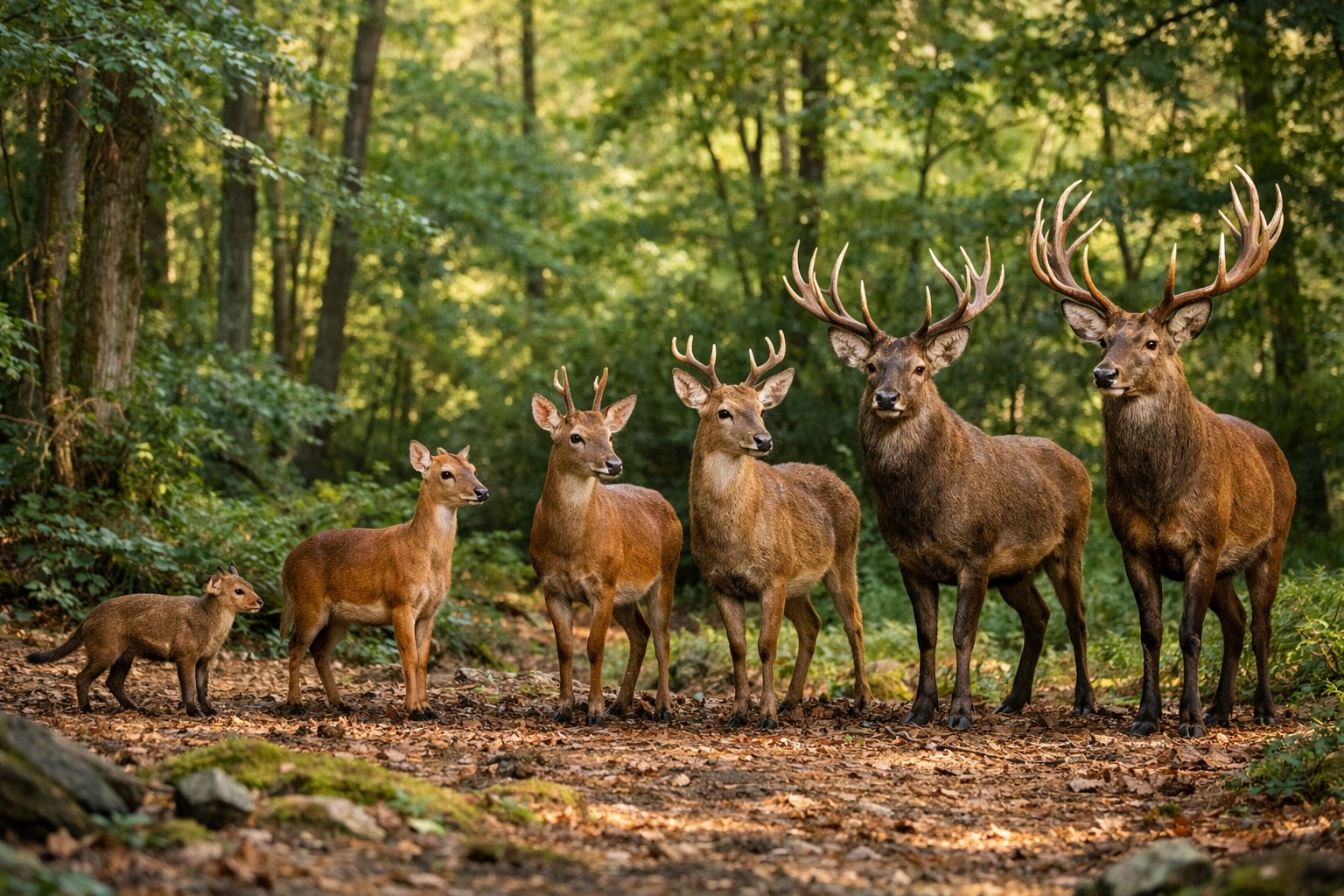 A series of deer showing the evolution from small ancient ancestors to modern deer with large antlers in a green forest.