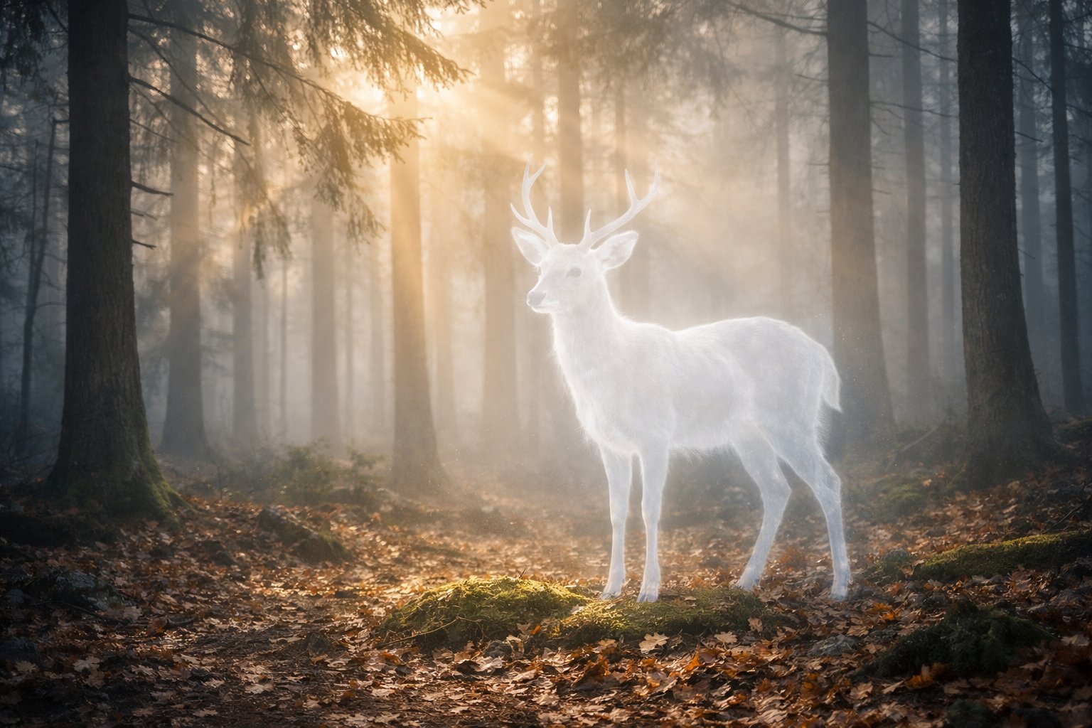 A semi-transparent deer standing in a misty forest with sunlight filtering through the trees.