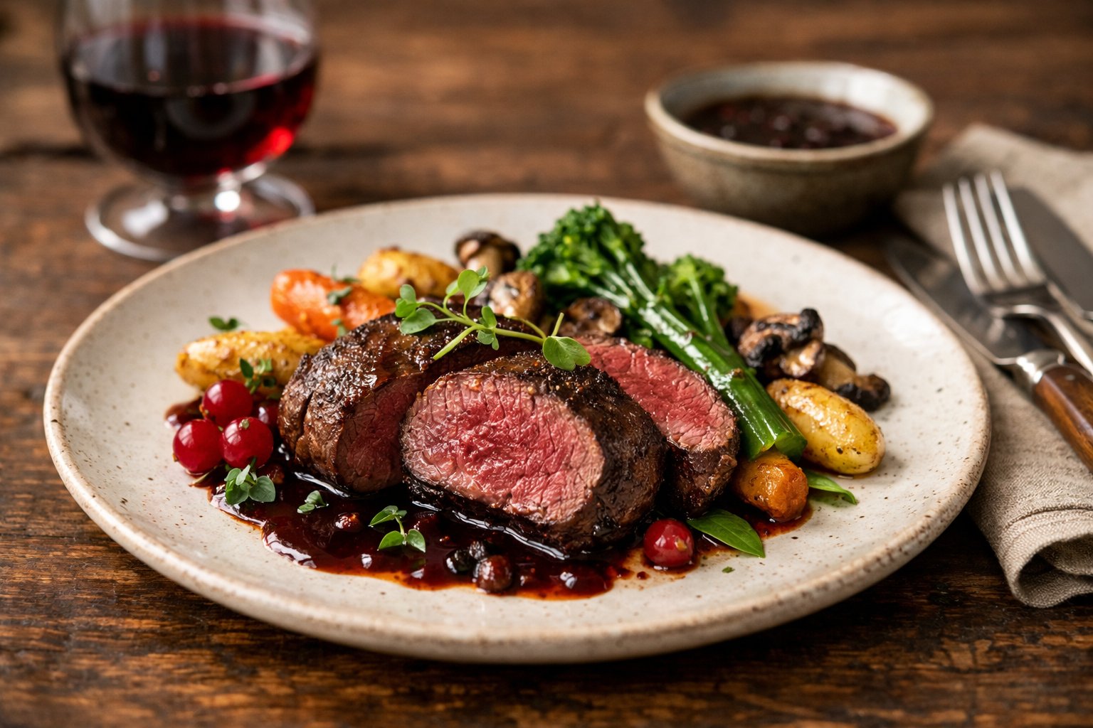 A plated venison steak garnished with herbs and vegetables on a wooden table with a glass of red wine.