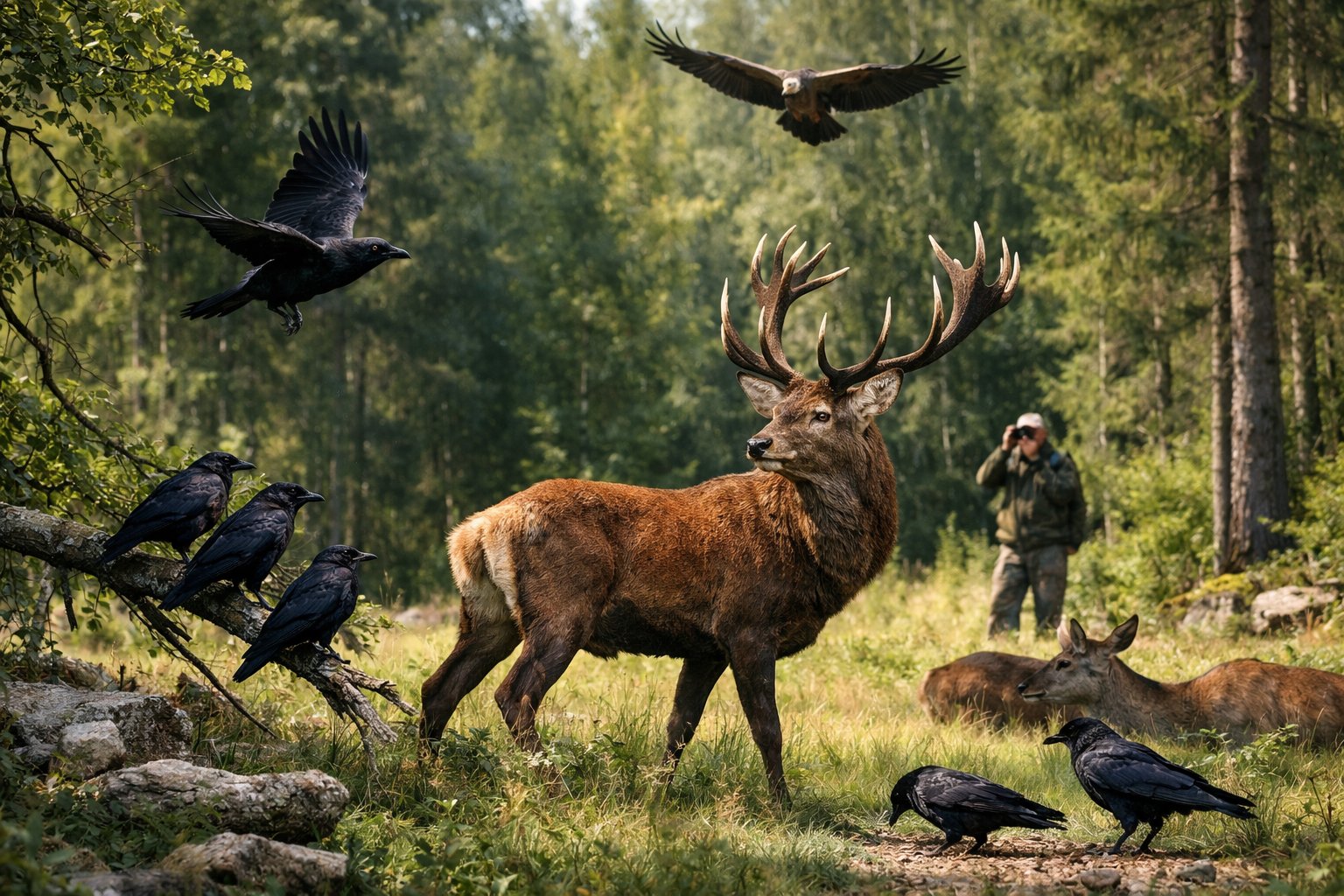A red deer stag stands alert in a forest clearing surrounded by birds and scavengers, with a person observing from a distance.